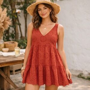 LOFT Eyelet Tiered Mini Dress‎ Womens L Rust Orange Sleeveless Cottagecore Boho